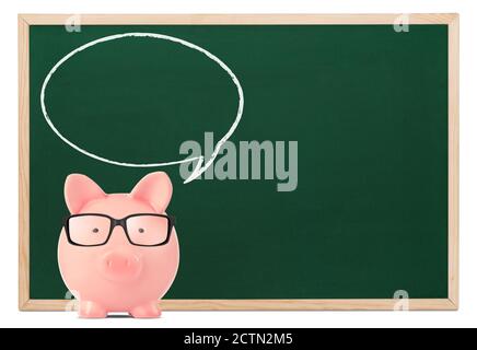 Piggy bank with speech bubble and blackboard isolated on white Stock Photo