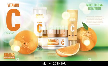 Cosmetic poster ad. Realistic glass jar on bokeh background with oranges and green leaves. Face cream, body wash, lotion, deodorant, cosmetic bottle Stock Vector