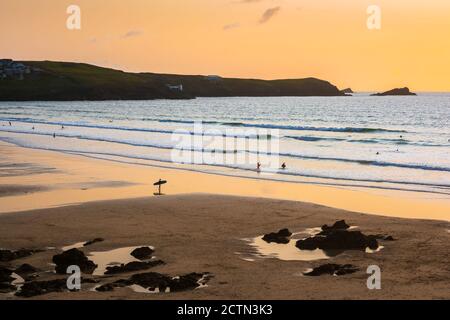 Cornwall traditional beach, view at sunset of Fistral Beach near Newquay in Cornwall, south west England, UK Stock Photo