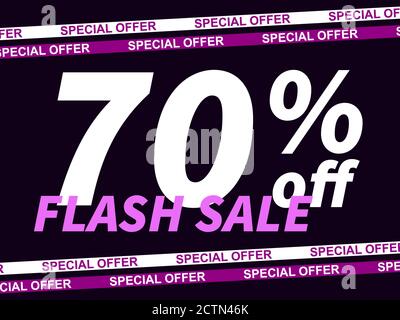 Flash sale, special offer 70% off. Sale tape ribbon and text on black background. Black friday. Design for promotional items, coupon and gift cards. V Stock Vector