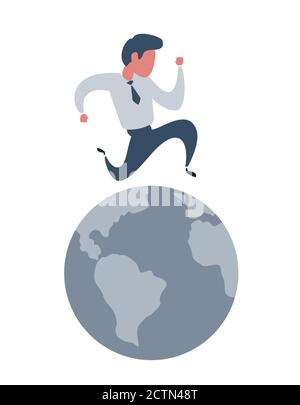 A busy businessman running on top of a globe. Stock Vector