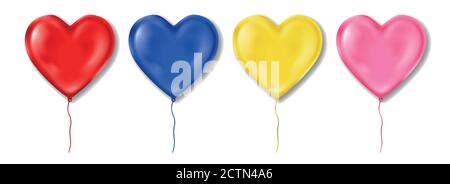 Realistic Colorful heart shaped balloons set isolated on white. Red, pink, blue and yellow glossy balloon for Festive decoration or Wedding. Vector Stock Vector