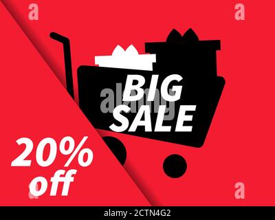 Big sale 20% off. Shopping cart full of boxes on red background. Black friday. Design for promotional items, banners, coupon and gift cards. Vector il Stock Vector