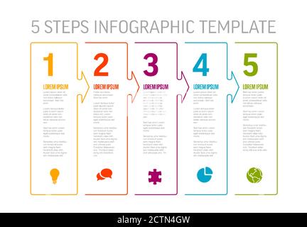One two three four five - vector light progress steps template with descriptions, icons and thin color line border Stock Vector