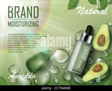 Avocado beauty cosmetics oil ad. Organic essence bottle mockup laying on watery green background. Natural avocado skin care cosmetic. Realistic 3d Stock Vector