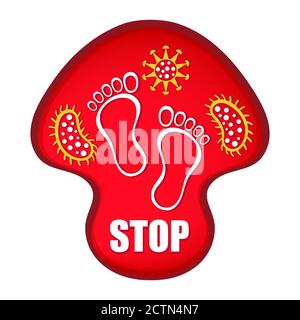 Stop foot nail fungus infection vector sign. Red mushroom with footprints and fungal bacteria in it. Mycosis, skin diseases of legs, derma treatment. Stock Vector