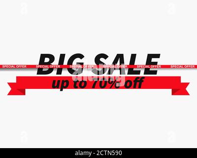 Big sale, special offer up to 70% off. Sale tape ribbon on white background. Black friday. Design for promotional items, banners, coupon and gift card Stock Vector