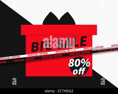 Big sale 80% off. Sale tape ribbon and gift box on background divided diagonally into black and white color. Black friday. Design for promotional item Stock Vector