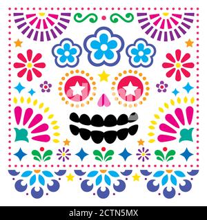 Mexican folk art vector folk art design with sugar skull and flowers, colorful Halloween and Day of the Dead greeting card Stock Vector