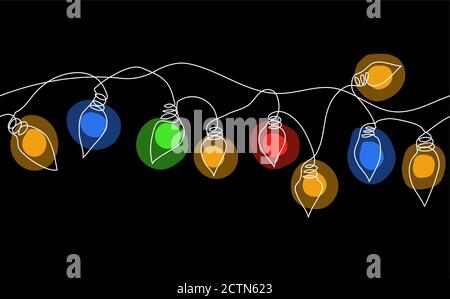 Color garland string, festoon. Glowing christmas lights, festive decorations on black background. Vector seamless horizontal border pattern Stock Vector