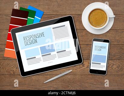 Responsive design on mobile devices on desk Stock Photo