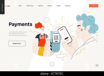 Business topics -payment, web template, header. Flat style modern outlined vector concept illustration. Waitress holding pos-terminal. A customer payi Stock Vector