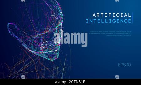 Ai digital brain. Artificial intelligence concept. Human head in robot digital computer interpretation. Wireframe head concept. Stock Vector
