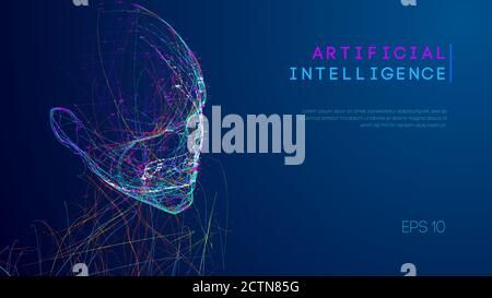 Ai digital brain. Artificial intelligence concept. Human head in robot digital computer interpretation. Wireframe head concept. Stock Vector