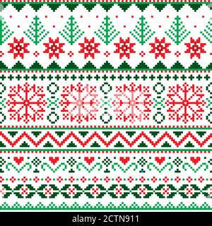 Christmas Fair Isle style traditional knitwear vector seamless pattern with snowflakes, trees and hearts in red and green Stock Vector