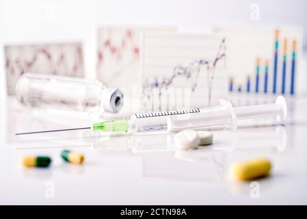 Syringe and other drugs with charts showing stock prices Stock Photo