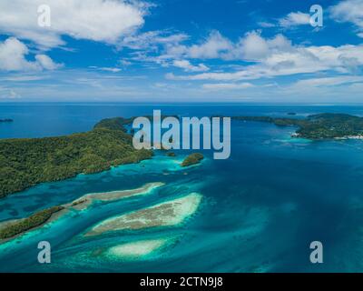 High aerial views of tropical islands and coral reefs in Palau Stock Photo