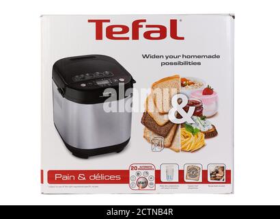 Zaporizhzhya, Ukraine - 07 September 2020: Tefal bread machine in a box on a white background. Stock Photo