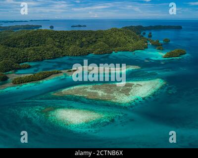 High aerial views of tropical islands and coral reefs in Palau Stock Photo
