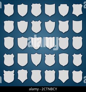 Set of 30 blank shields on blue background Stock Vector