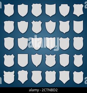 Set of 30 blank shields on blue background Stock Vector