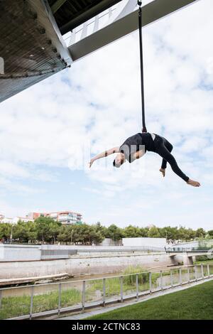 Low angle of fit male gymnast hanging on aerial straps during training in park Stock Photo