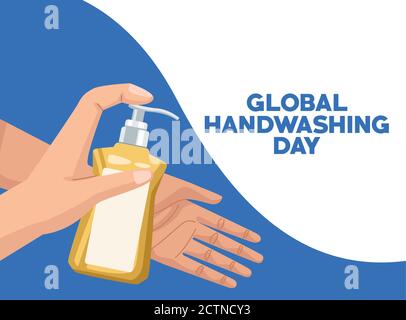 global handwashing day campaign with hands using soap bottle vector illustration design Stock Vector