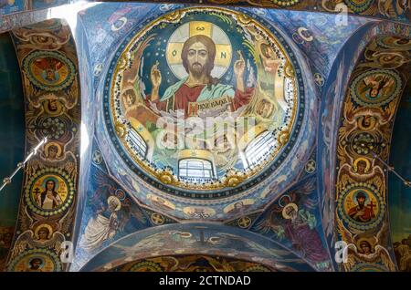 Saint Petersburg, Russia – June 17, 2017. Domed ceiling of the Church of the Savior on Blood in Saint Petersburg, with mosaic of Christ Pantocrator Stock Photo