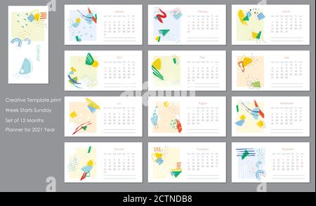 2021 trendy calendar design. Editable calender page template.Abstract artistic vector illustration.Cute printable creative template with geometric ele Stock Vector