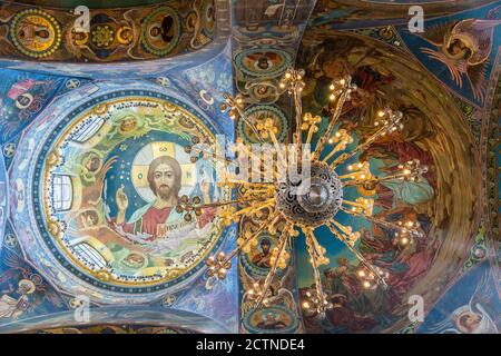 Saint Petersburg, Russia – June 17, 2017. Mosaic of Christ Pantocrator under the central dome of the Church  of the Savior on Blood in Saint Petersbur Stock Photo