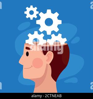 mental health day man profile and gears machinery vector illustration design Stock Vector