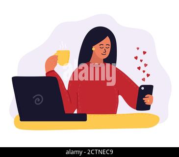 young woman sits with laptop and smartphone. Blogging, remote work. Social network. Communication in social media. Cartoon vector illustration. Stock Vector