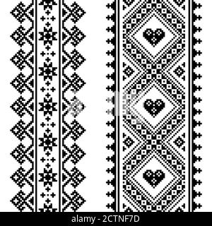 Traditional Ukrainian and Belarusian folk art vector pattern - vertical seamless cross-stitch design in black and white Stock Vector