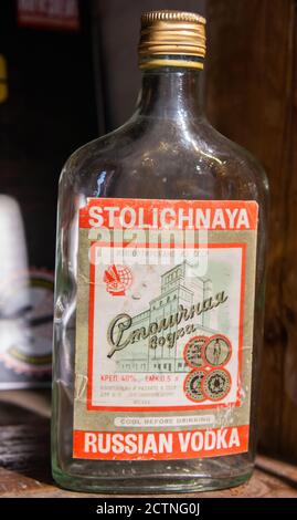 Kazan, Russia – June 28, 2017.  Old empty bottle of Stolichnaya vodka. Stock Photo
