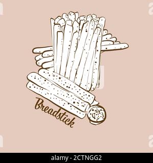 Hand-drawn Breadstick bread illustration. Dry bread, usually known in Italy. Vector drawing series. Stock Vector