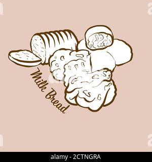 Hand-drawn Milk Bread bread illustration. Leavened, usually known in United Kingdom, Japan. Vector drawing series. Stock Vector