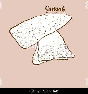 Hand-drawn Sangak bread illustration. Sourdough, usually known in Iran. Vector drawing series. Stock Vector