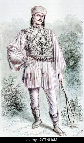 Machine colorized with Artificial Intelligence (AI) Male Wallachian in traditional clothes, from Wallachia, Romania. wallachian peasant man male embroidered vest hat riding whip stand full length posed outdoor. Engraving on wood From The human race by Figuier, Louis, (1819-1894) Publication in 1872 Publisher: New York, Appleton Stock Photo