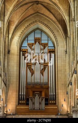 Linz, Austria – May 25, 2017. Organ of Ursulinenkirche (Ursuline Church) in Linz, Austria. The church organ was built in 1876 by Franz Sales Ehrlich. Stock Photo