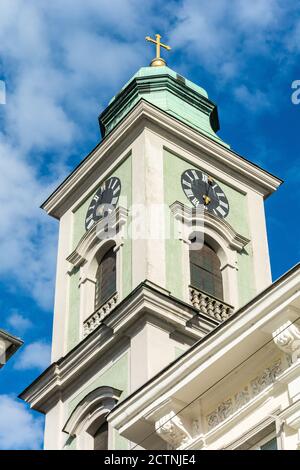 Linz, Austria – May 25, 2017. Tower of Alter Dom church in Linz, with an onion dome. Stock Photo