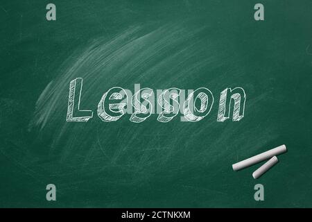 Lettering Lesson on green chalkboard. Stock Photo