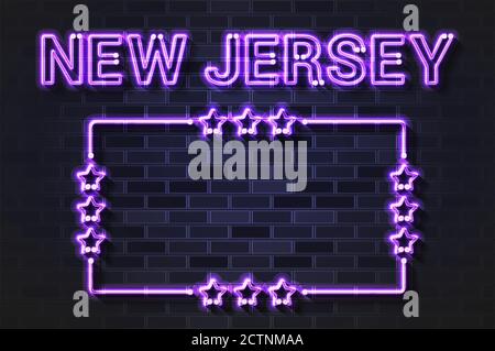 New Jersey US State glowing violet neon letters and starred frame on a black brick wall Stock Vector