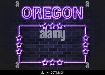 Oregon US State glowing violet neon letters and starred frame on a black brick wall Stock Vector