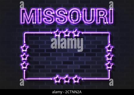Missouri US State glowing violet neon letters and starred frame on a black brick wall Stock Vector