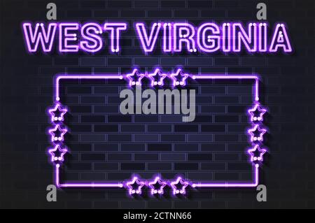 West Virginia US State glowing violet neon letters and starred frame on a black brick wall Stock Vector