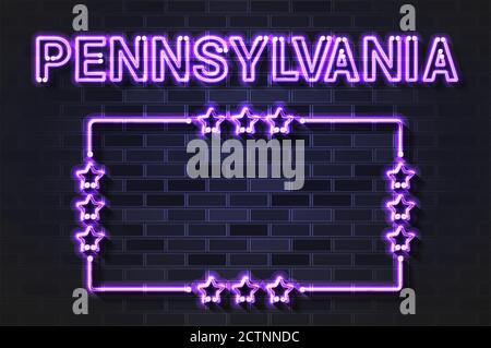 Pennsylvania US State glowing violet neon letters and starred frame on a black brick wall Stock Vector