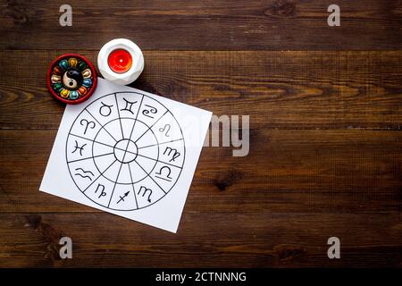 Horoscope wheel of zodiac symbols on work place Stock Photo