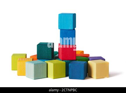 Wooden toy blocks on white background Stock Photo
