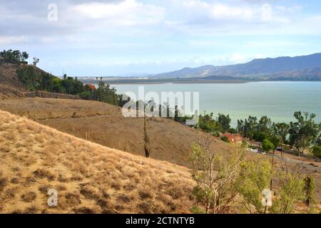 Lake Elsinore, California, USA, view from the hills, landscape with visible destructions from ancient wildfire Stock Photo