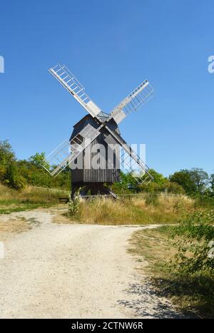 Vintage old wooden windmill in Hohenfelden, Germany Stock Photo